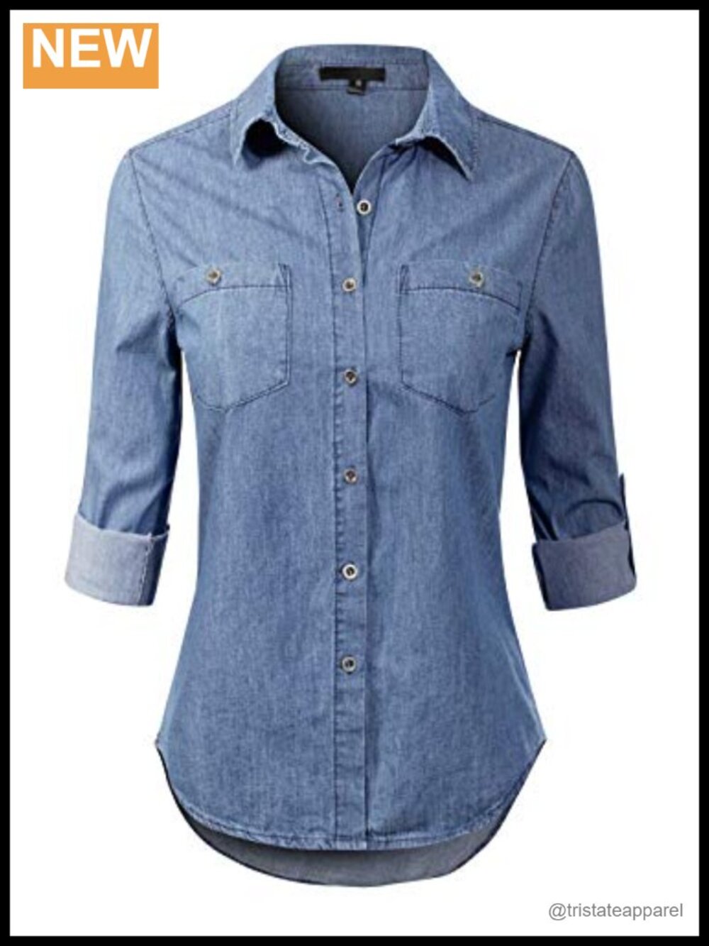 Women's Chambray Denim Button Down Shirt Long Roll Up Sleeves
